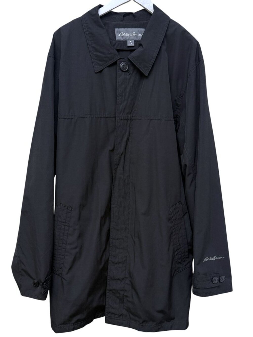 Eddie Bauer Mens Trench Coat XL Black Casual Jacket Button Front Windbreaker